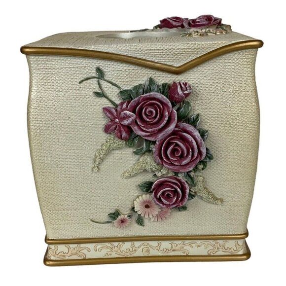 Floral Tissue Box Cover 3D Resin Pink Roses Cream Gold Square Cottagecore - Picture 2 of 7